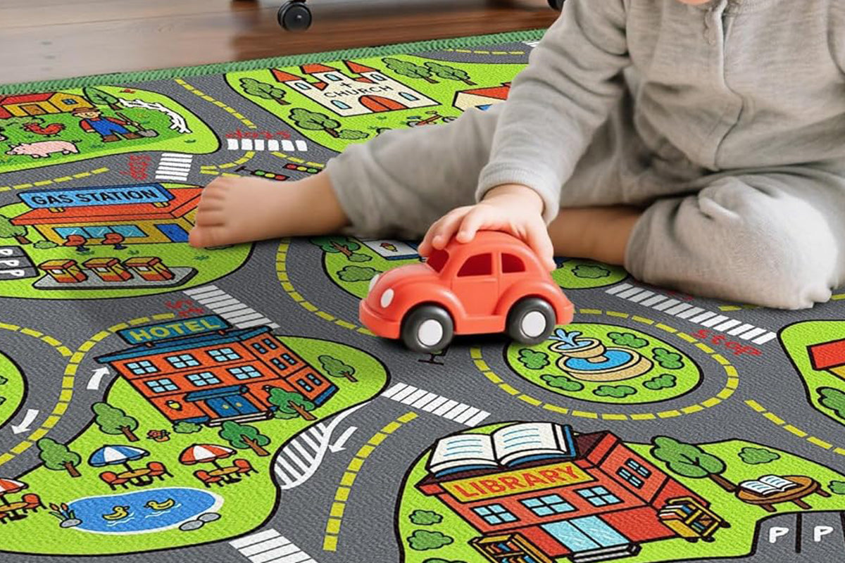 Car Track Play Mat Educational City Road Rug Non Slip Floor Playmat