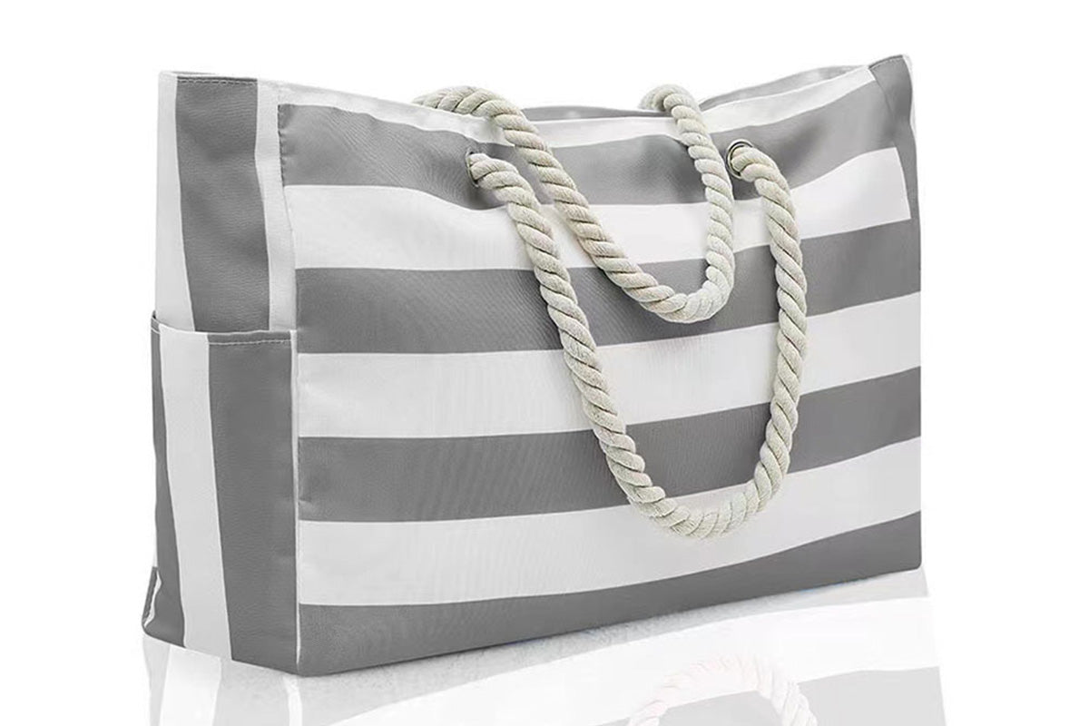 Large Zipper Beach Bags Striped Tote Bag For Travel Outdoor Vacation
