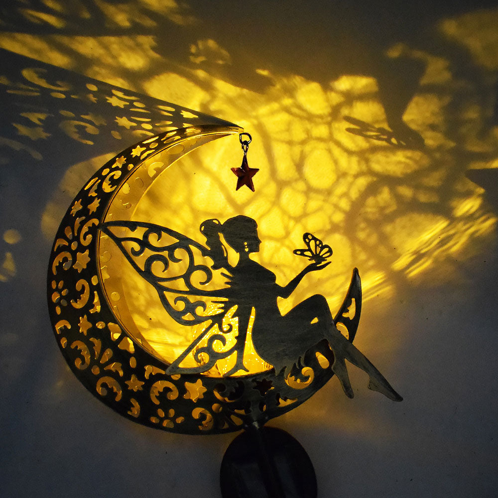 Iron Solar Garden Statues Outdoor Decor Fairy Figurine Light Stake-Moon