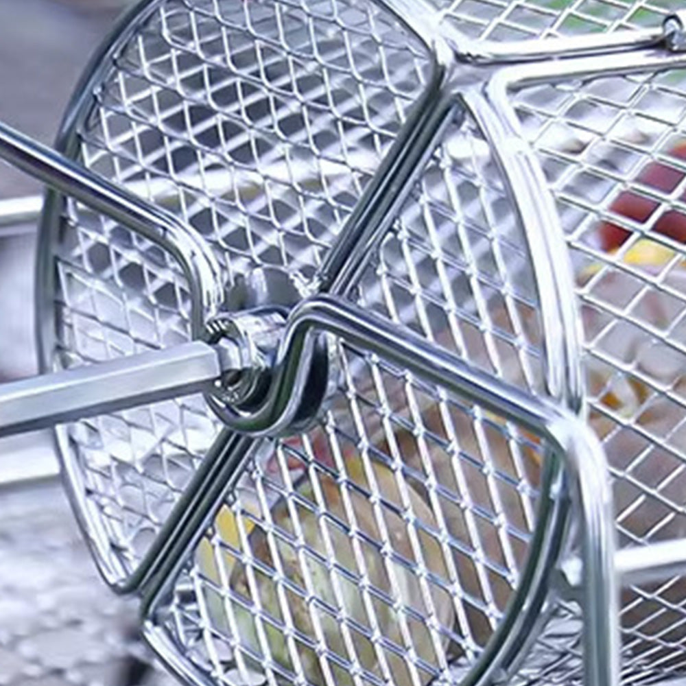 Rotating Stainless Steel BBQ Grill Basket with Stand and Handle for Camping Garden