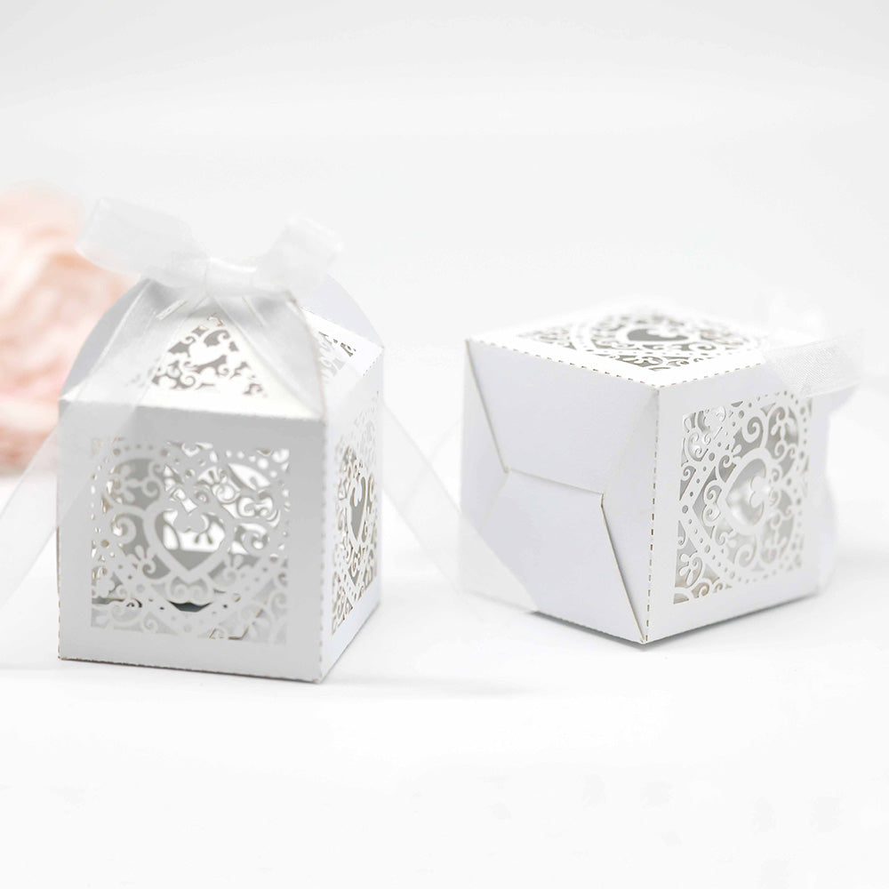 2X 50 Pack Laser Cut Pearl Paper Candy Favor Boxes with Ribbons