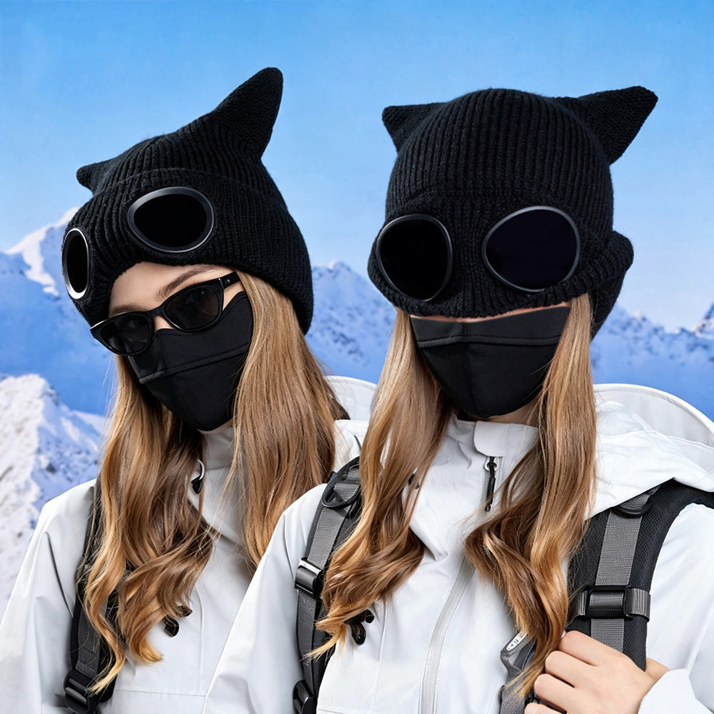 Double Layer Knit Winter Beanie with Goggles Cute Cat Ear Knit Beanie for Winter