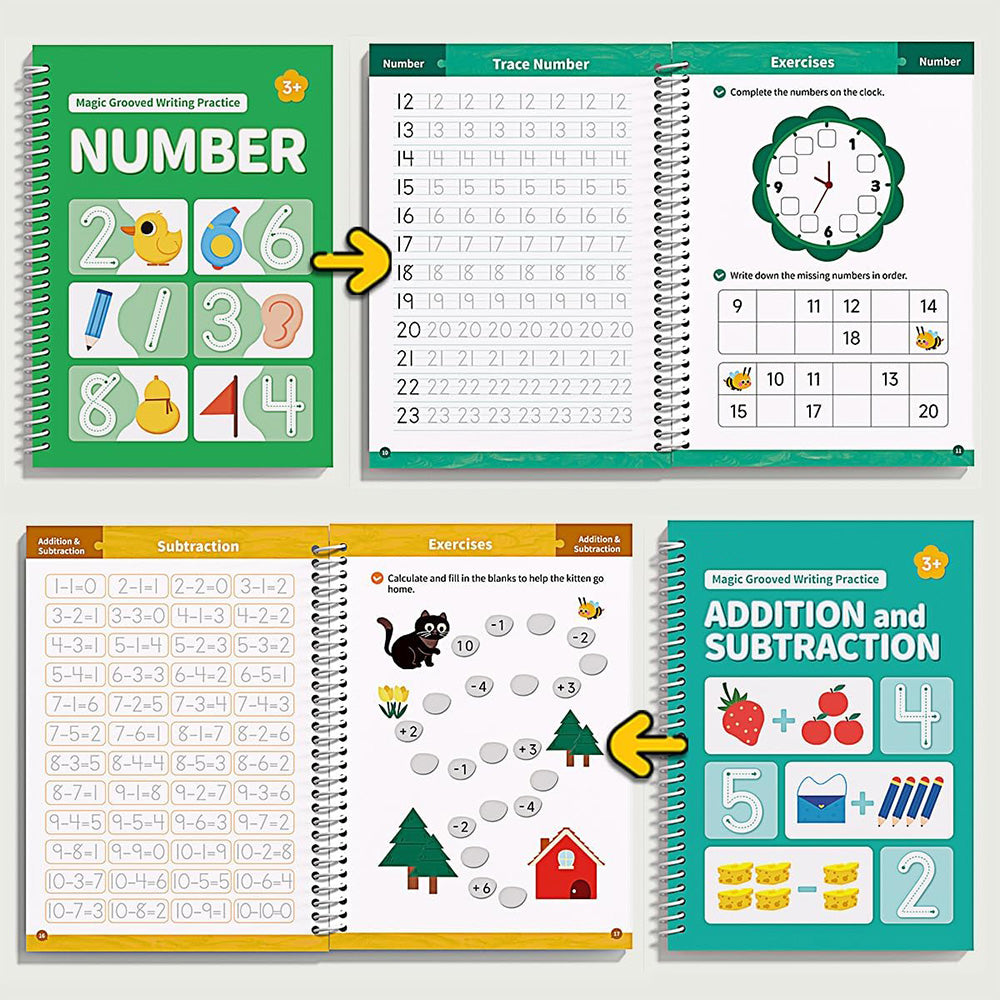 Reusable Magic Grooved Writing Practice Books with Disappearing Ink Pens