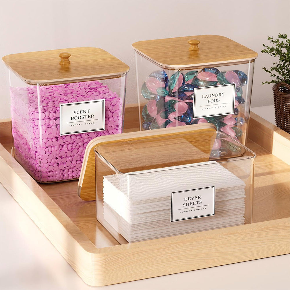 4Pcs Clear Laundry Storage Containers with Airtight Wooden Lids