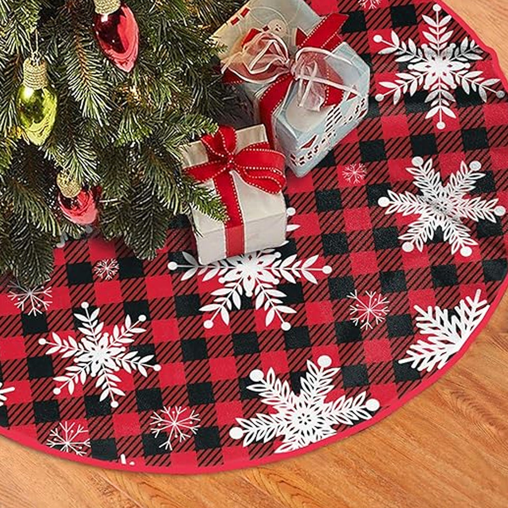 90/122CM Plaid Red-Black Christmas Tree Skirt with White Snowflake-Style 3
