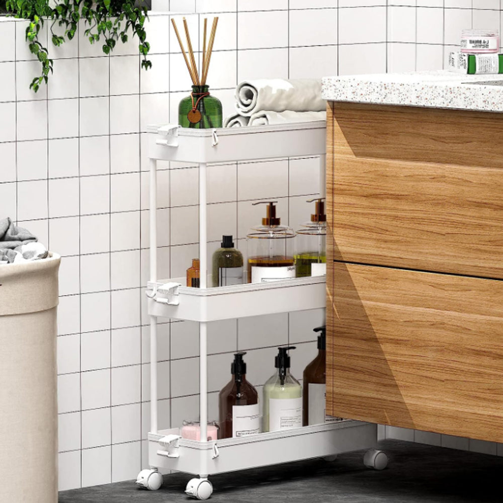 3 Tier Kitchen Bathroom Slim Rolling Trolley Storage Shelf
