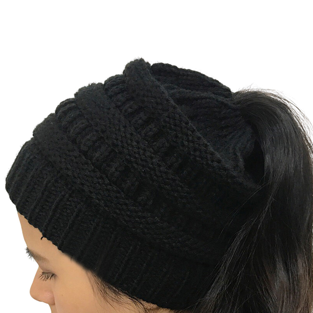 Women Girls Winter Cable Knit Ponytail Beanie High Bun Crochet Hat