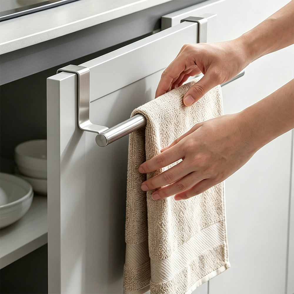 Stainless Steel Cabinet Door Towel Holder Adjustable No Drill Towel Bar for Kitchen Bathroom-Silver