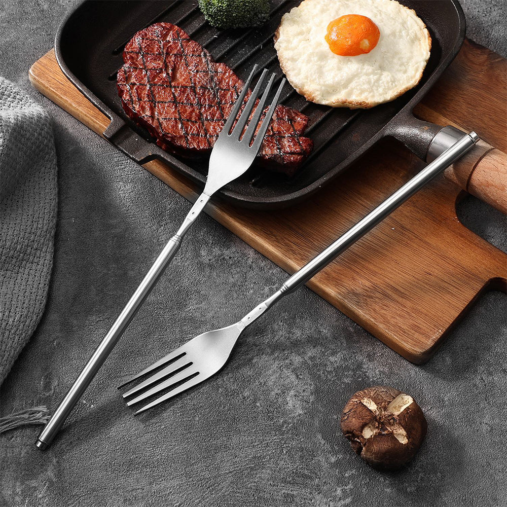 2Pcs Stainless Steel Telescopic Extendable Dinner Fruit Dessert Long Cutlery Forks