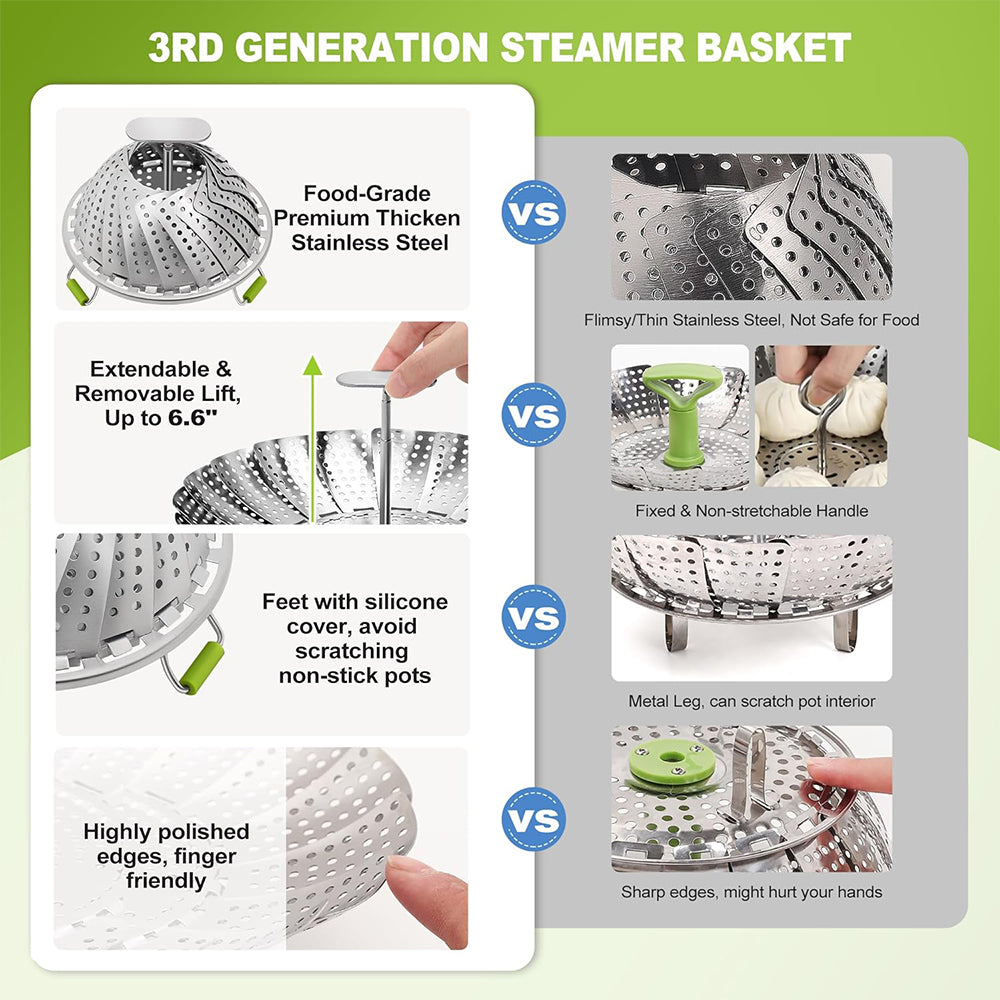 2Pcs Removable Handle Stainless Steel Folding Steamer Tray
