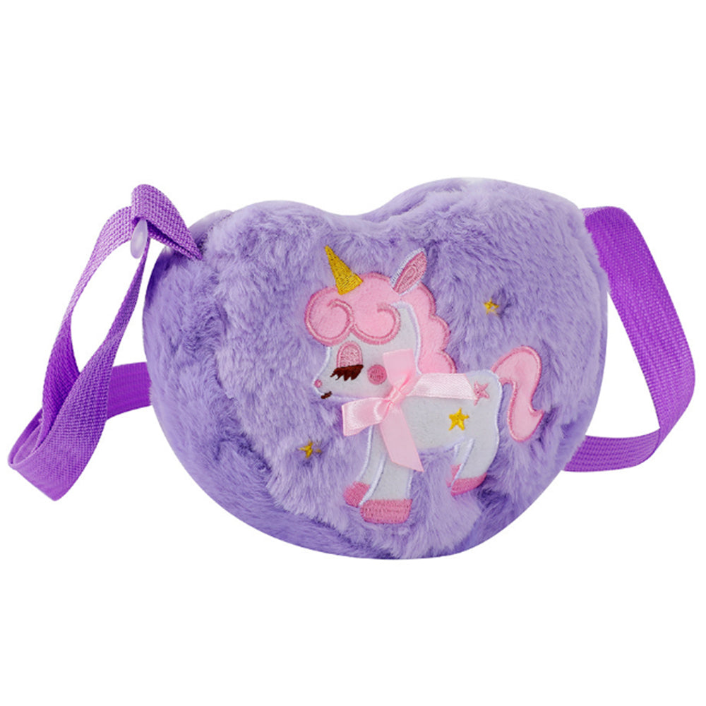 Girls Cute Plush Heart Unicorn Embroidery Zipper Crossbody Bag