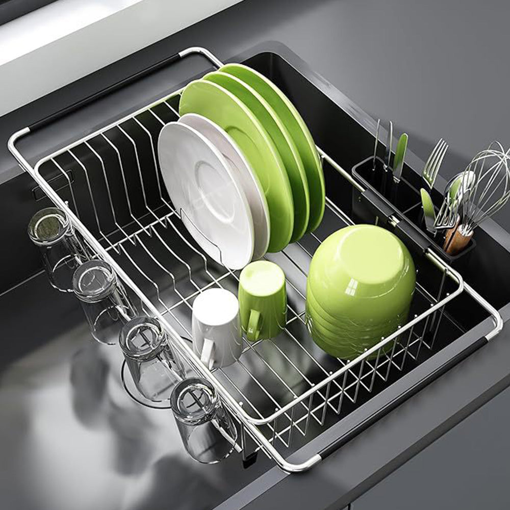 Expandable Stainless Steel Over Sink Dish Drying Rack with Utensil Holder