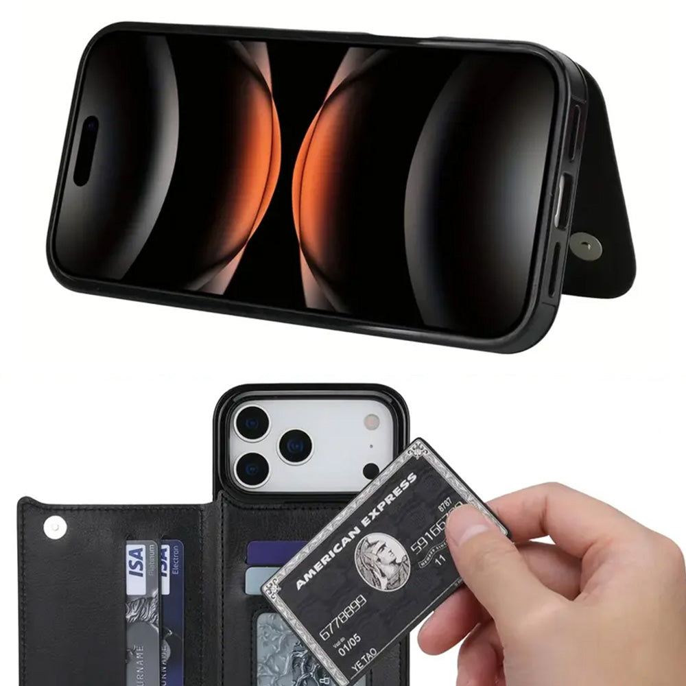 Leather Wallet Case for iPhone 17 Series Double Secure Flip Closure Full Body Drop Defense-Black