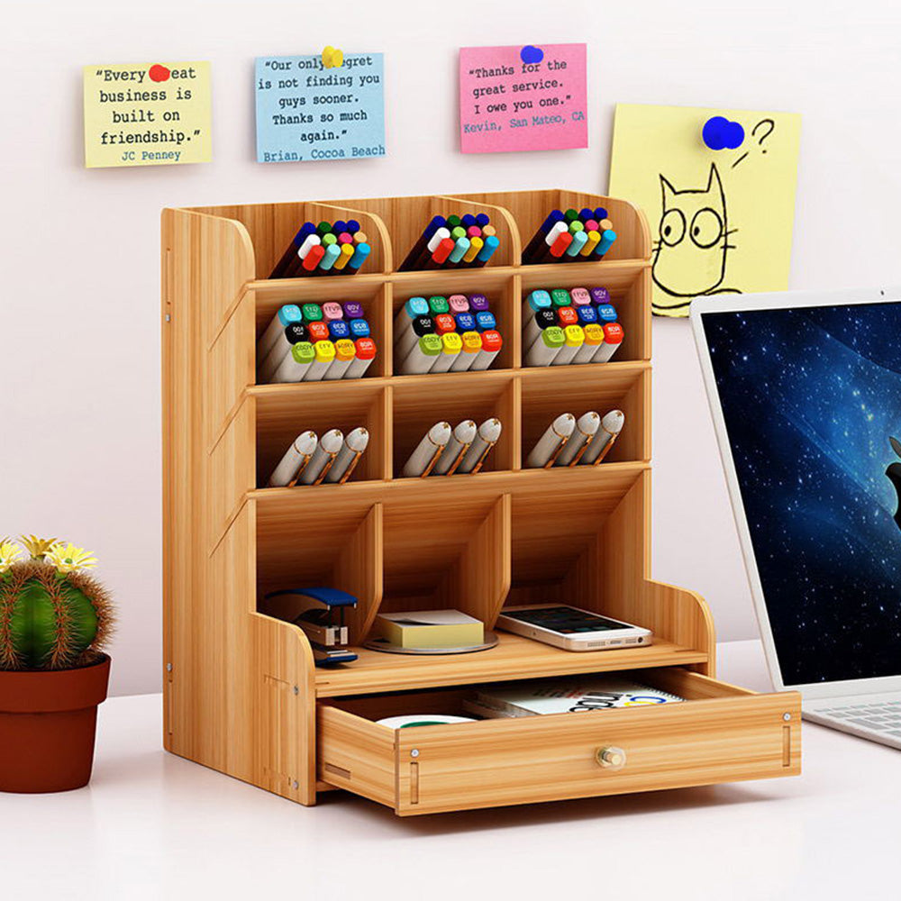 Wooden Desk Organizer with Drawers Art Supplies Storage Desktop Stationary