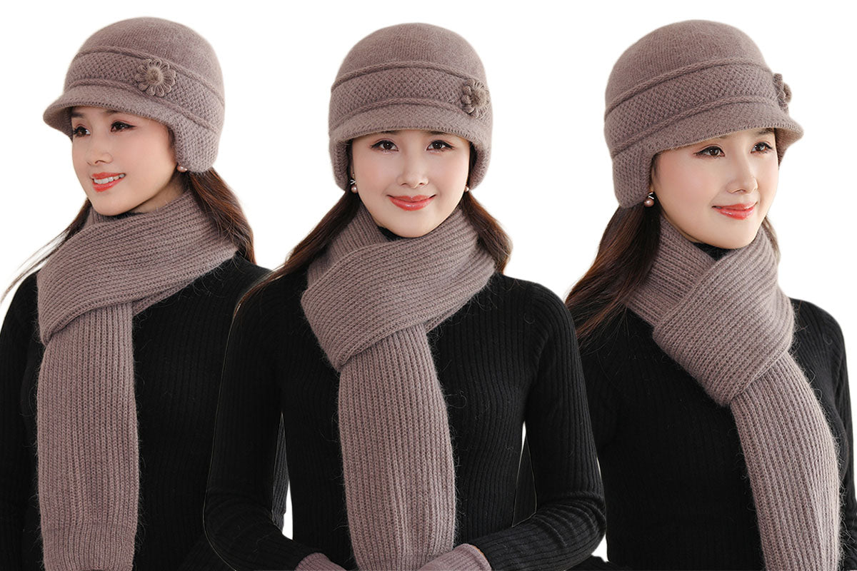 Winter Warm Earflap Hat Scarf Set for Elderly & Middle-Aged Ladies Women