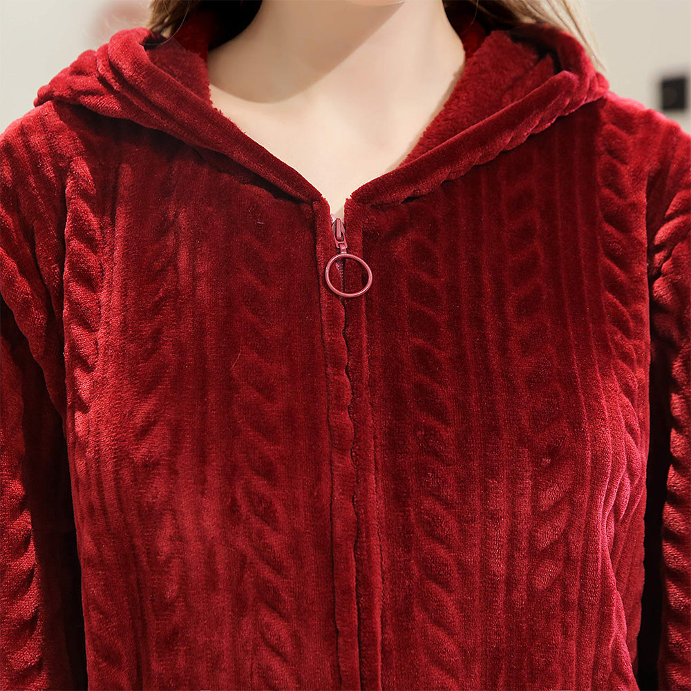 Unisex Long Hooded Zipper Bathrobe Fleece Robes Winter Warm Nightgown Sleepwear Pyjamas-Wine Red