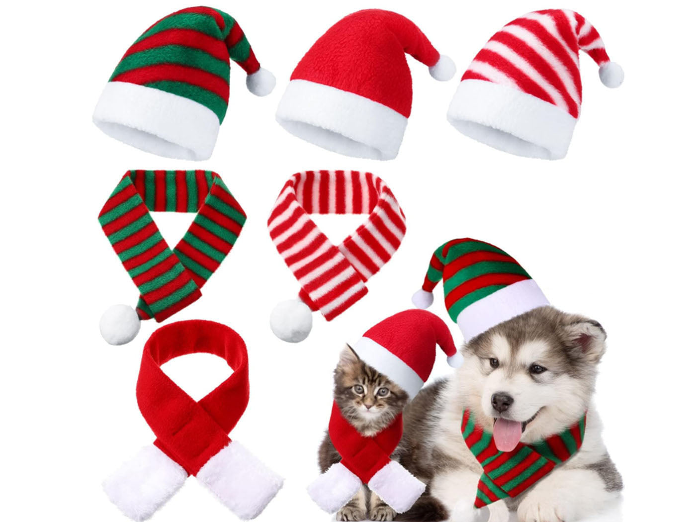 6-Pieces Pet Cat Dog Christmas Hat with Scarf Pet Christmas Costume Outfit Set