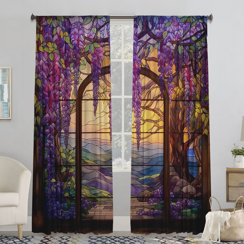 2Pcs Stained Glass Flower Wisteria Printed Curtain for Home Decor