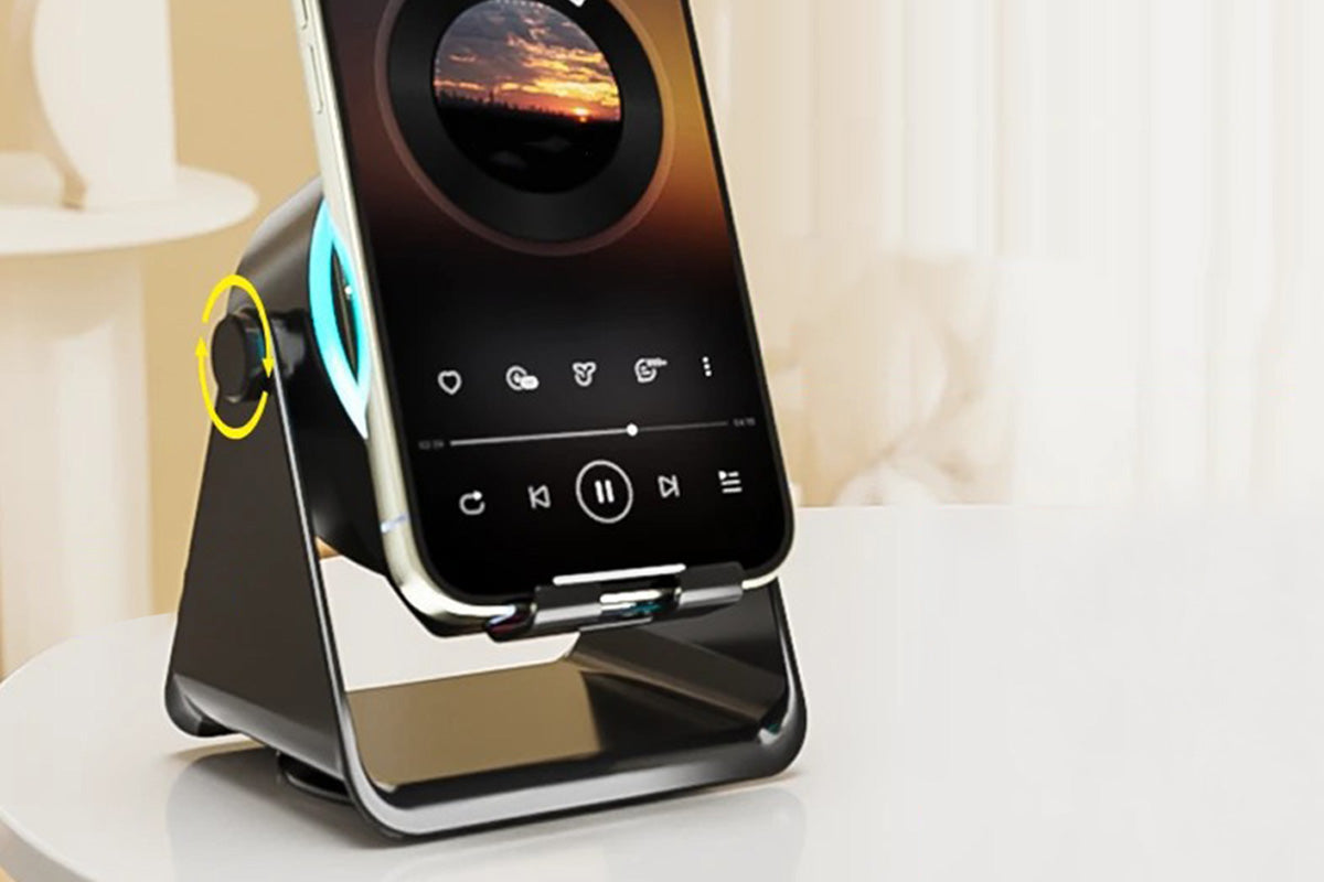 4 in 1 Wireless Induction Speaker Bluetooth Speaker with 360 Adjustable Phone Holder