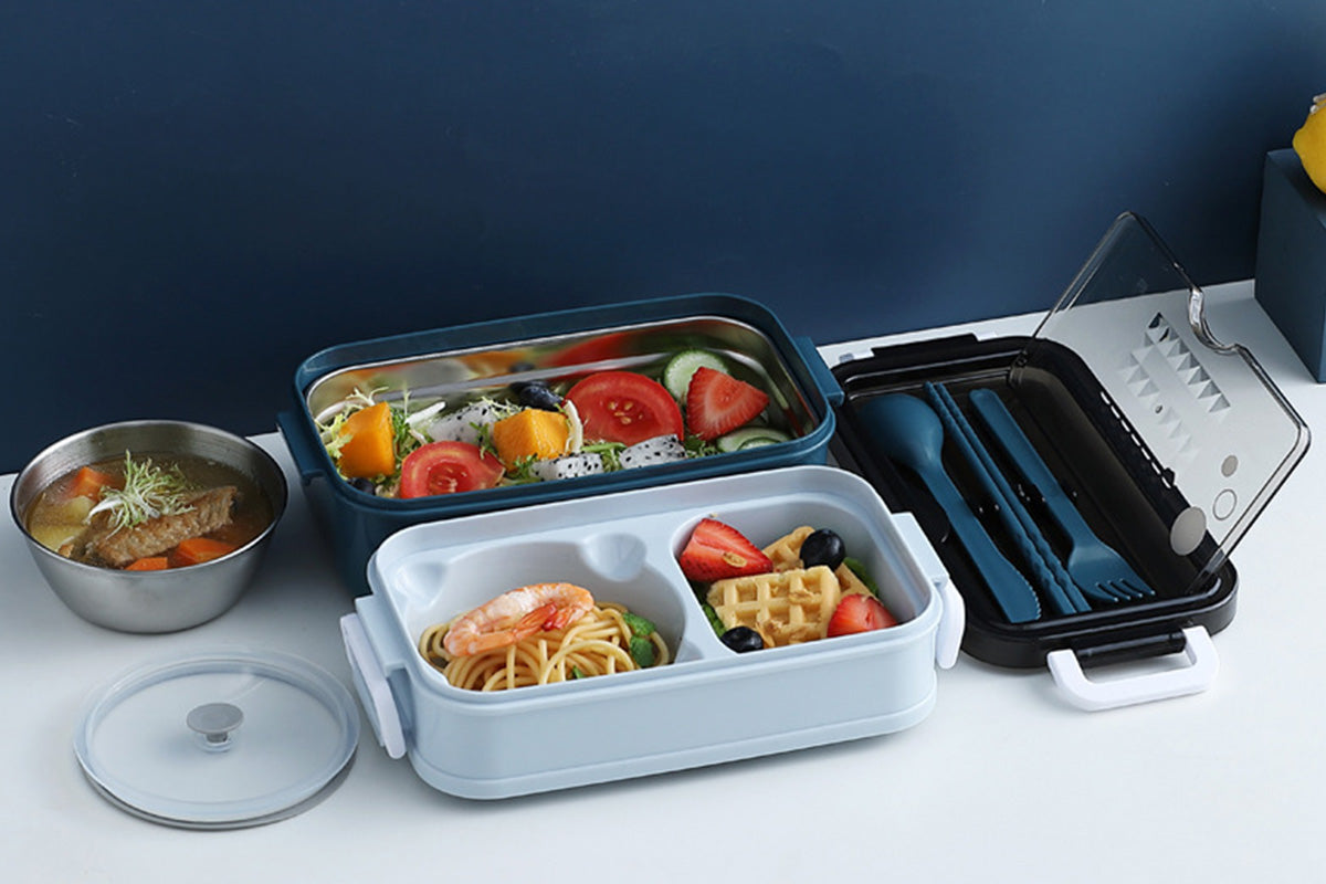 Bento Box Stackable 3-Compartment Lunch Containers With Dinnerware And Seal Cover