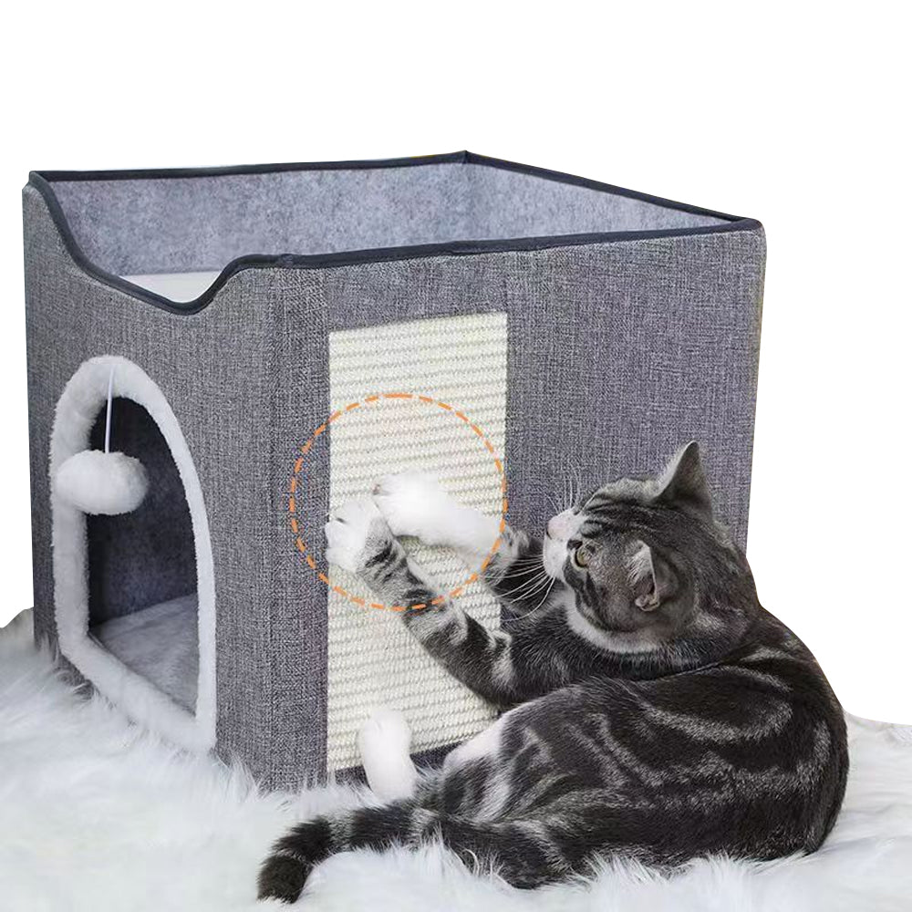 Foldable Cat Condo 2 Layer Cat Cube Box Kitten Cave with 2 Cosy Cushion