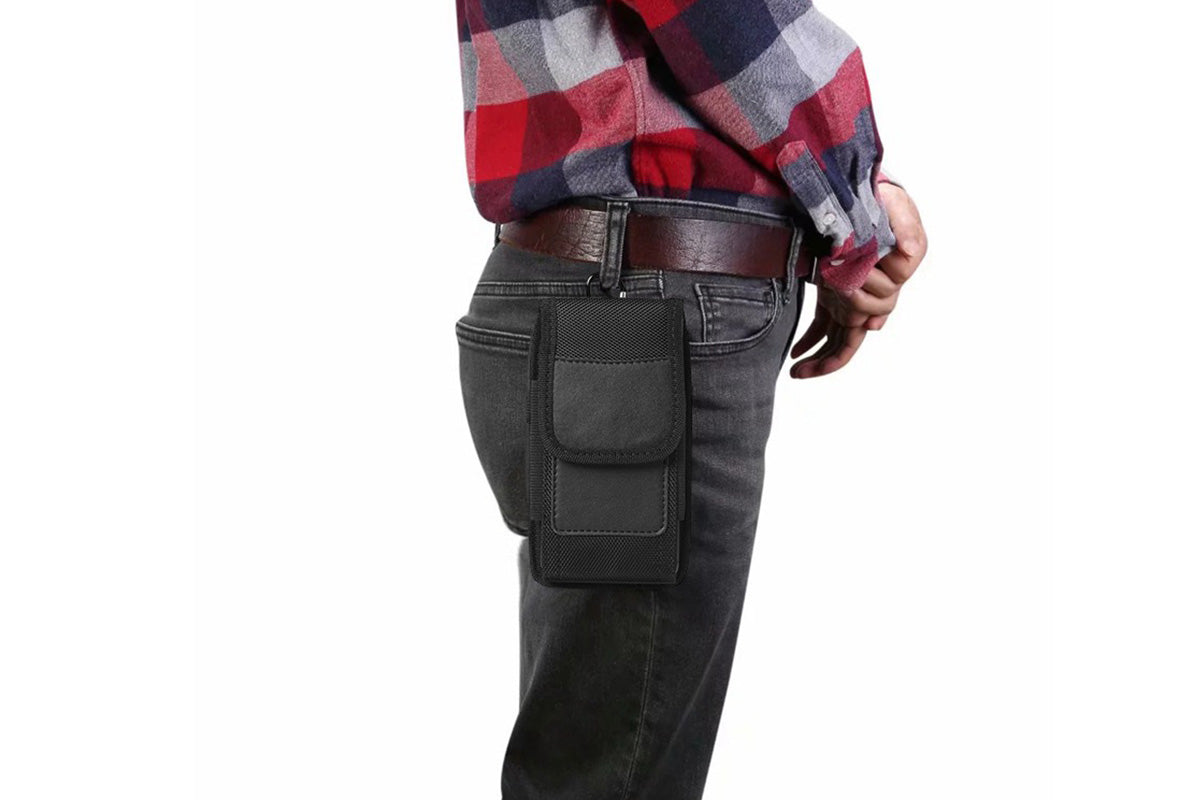 Universal Black Oxford Cloth Phone Waist Pouch with Belt Clip and Card Holder Compatible with Most Smartphones