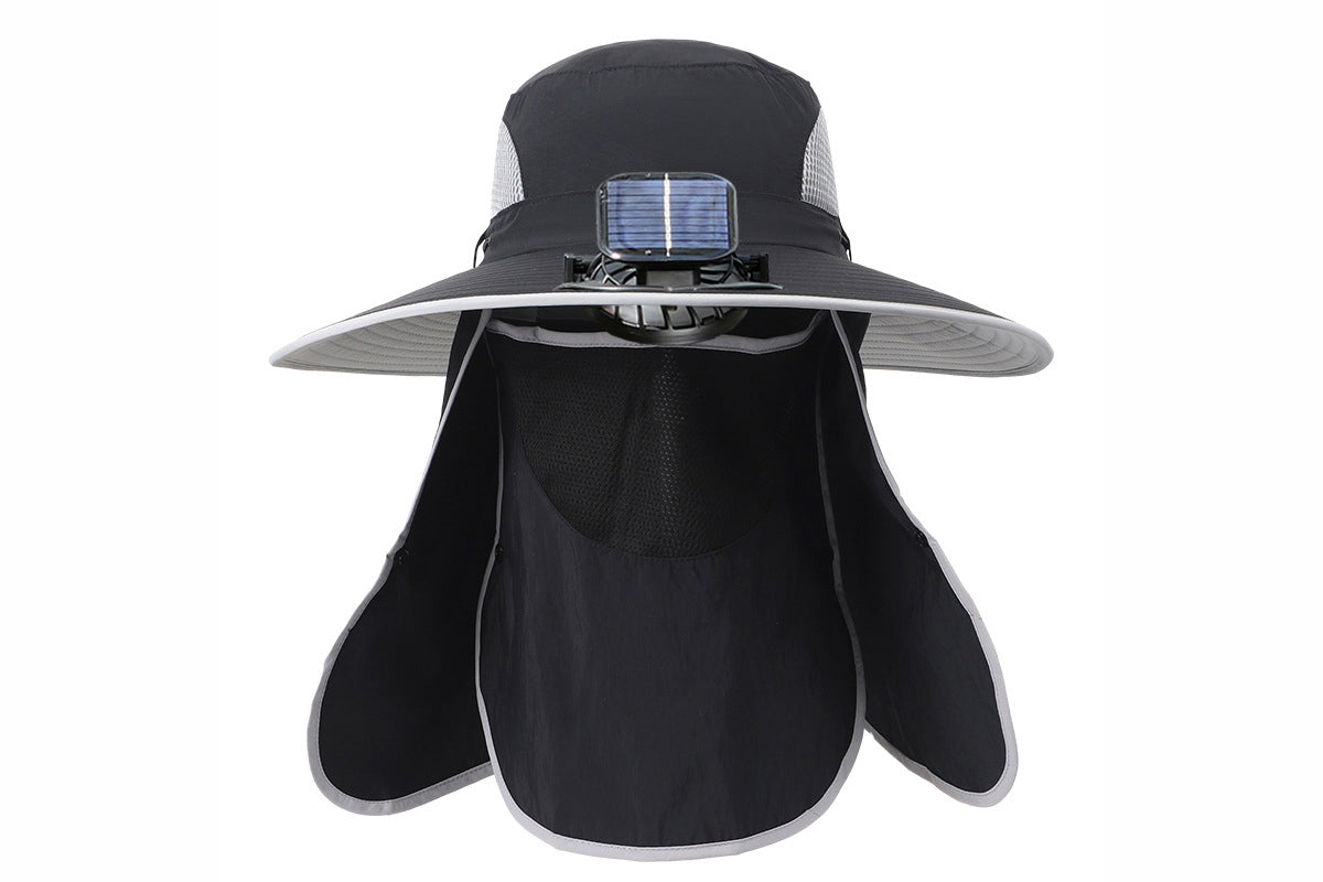 Wide Brim Solar Cooling Fan Hat Outdoor Breathable Mesh Face Cover Neck Shade