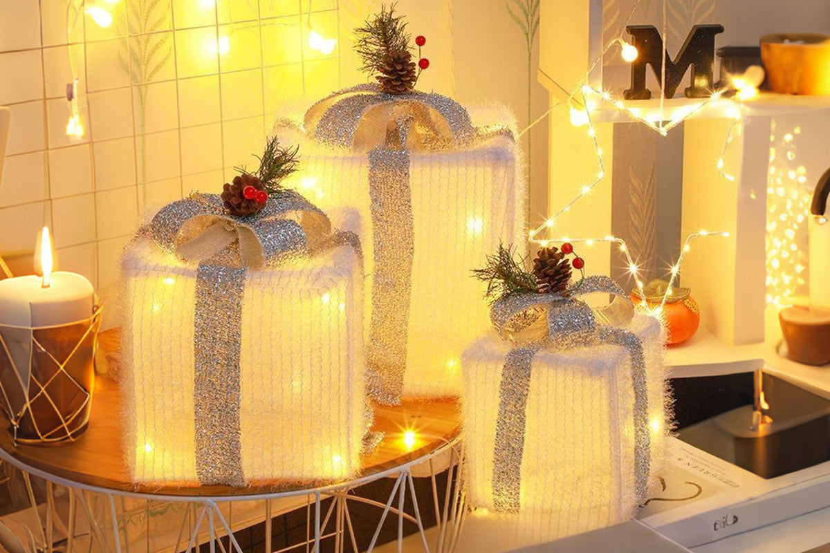 3PCS Christmas Lighted Gift Boxes With 8 Modes For Holiday Indoor Outdoor Decorations
