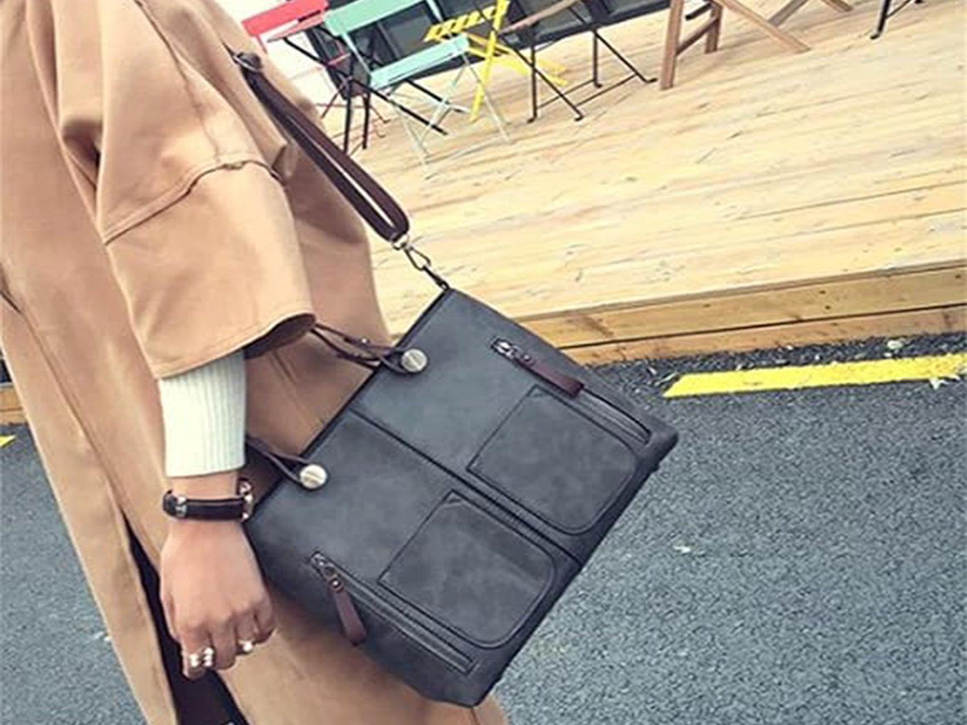 Vintage Leather-Look Tote Handbag Crossbody Briefcase