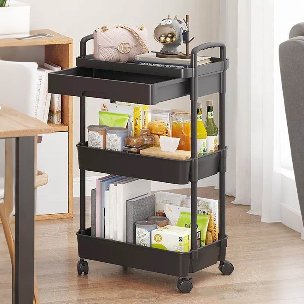 3 Tier Rolling Utility Cart with Removable Drawer for Kitchen Snack Craft