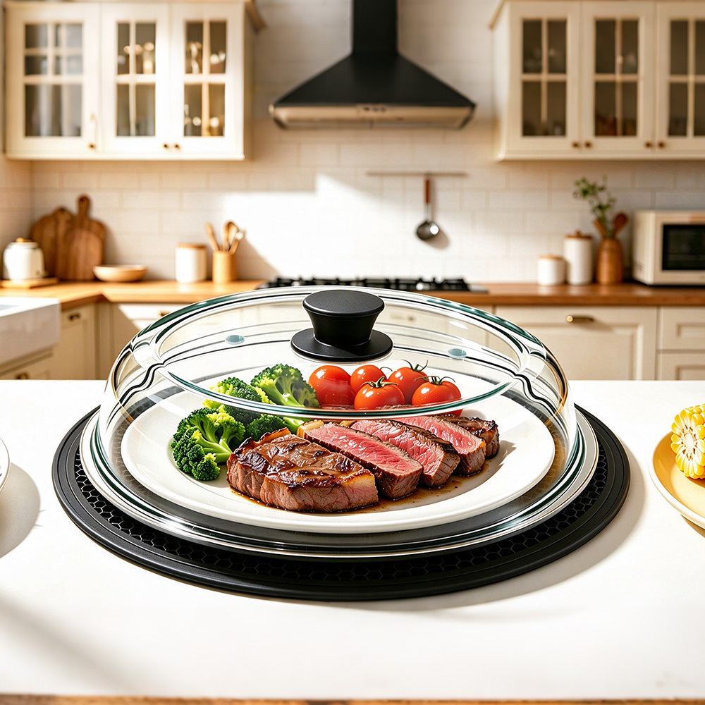 Microwave Glass Splatter Cover with Silicone Trivet Dual Vents and Handle