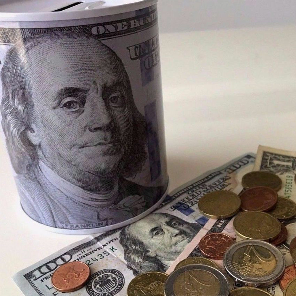 2 Pack Metal Money Saving Banks Benjamin Franklin 100 Dollar Bill Tin Design