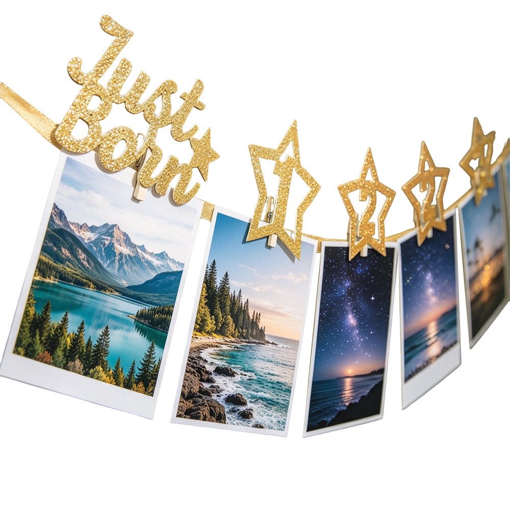 2 Pack 1 to 12 Month Glitter Star Photo Banner for First Birthday Party