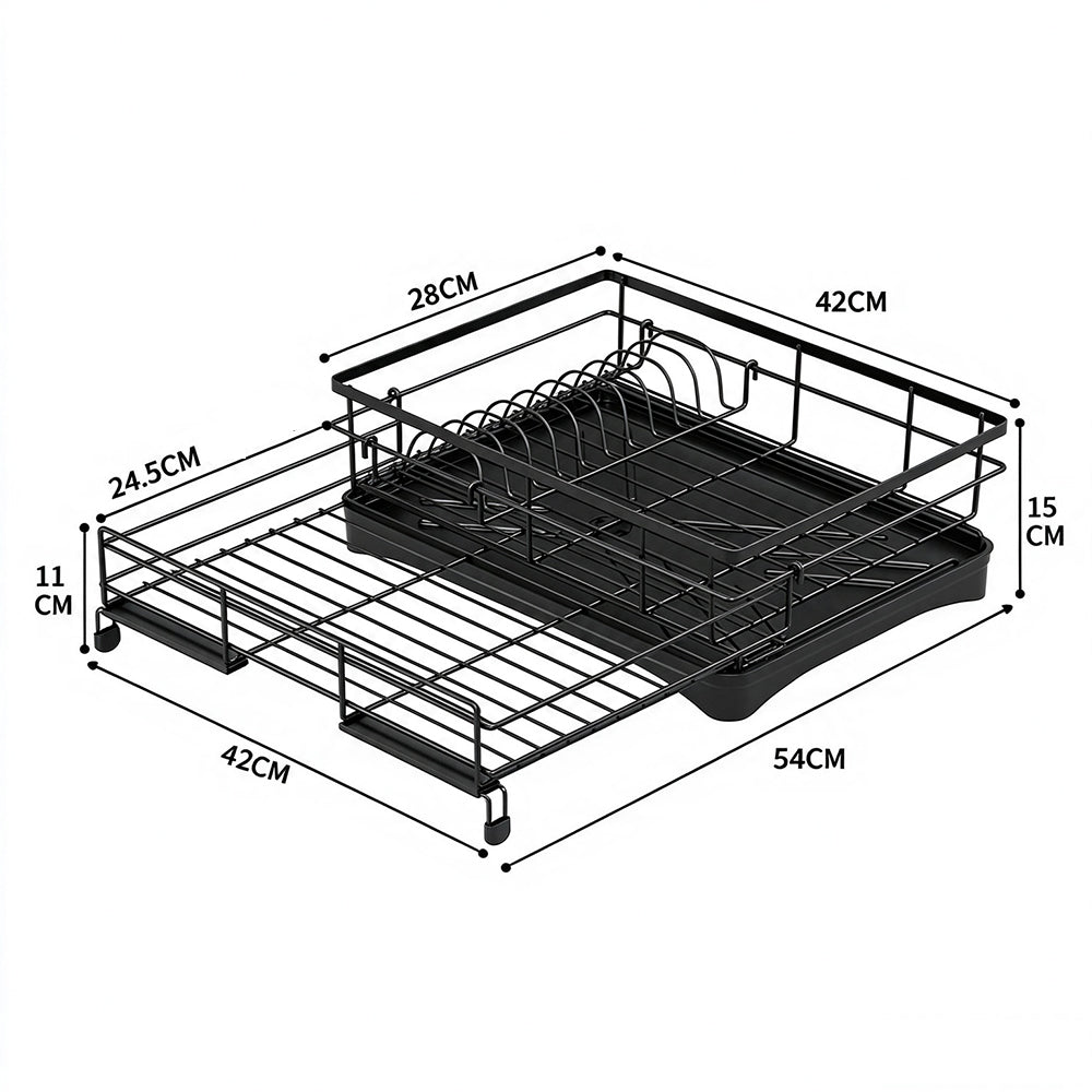 Expandable Carbon Steel Dish Drying Rack with Rotating Drain Spout-Black