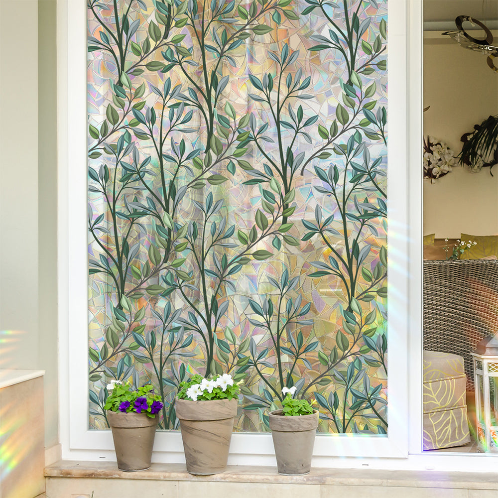 Static Cling Vintage Green Leaves Branches Pattern Cutting Privacy Window Sticker