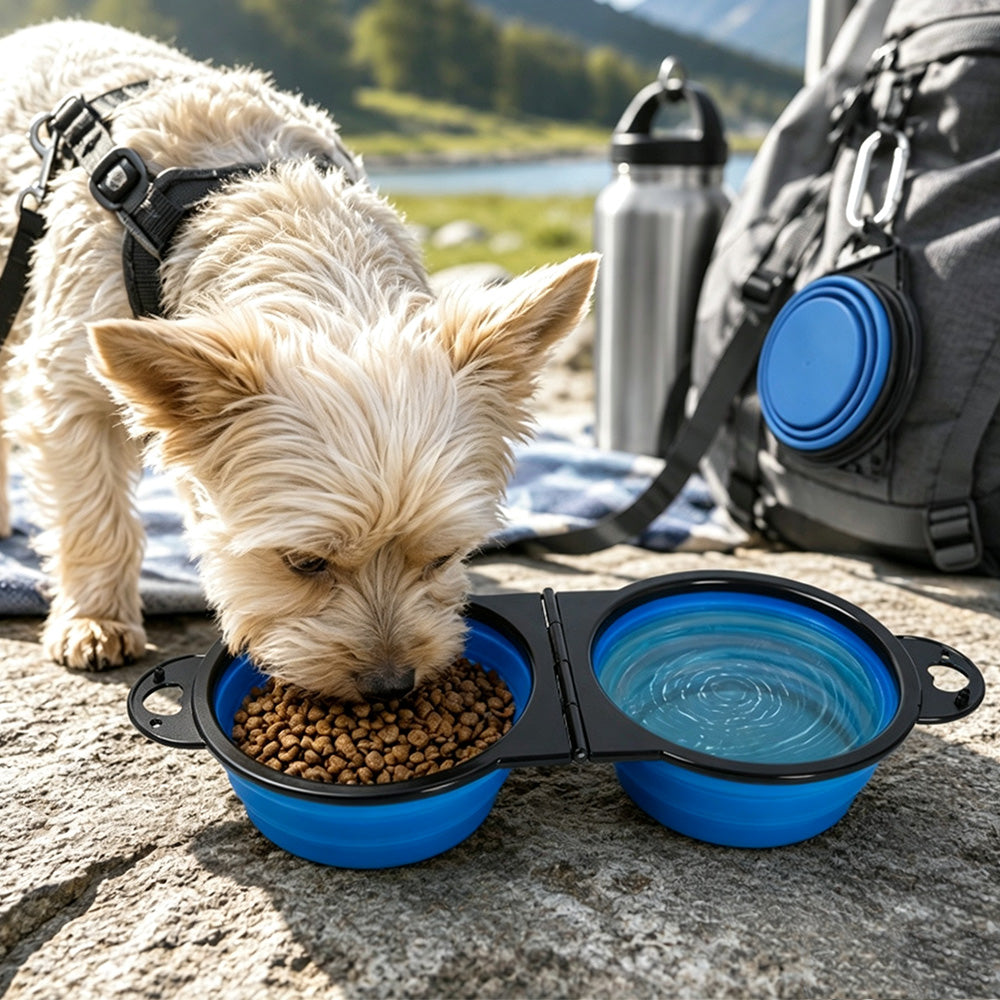 Portable Foldable Dual Pet Bowls for Cats Dogs Outdoor Home Use