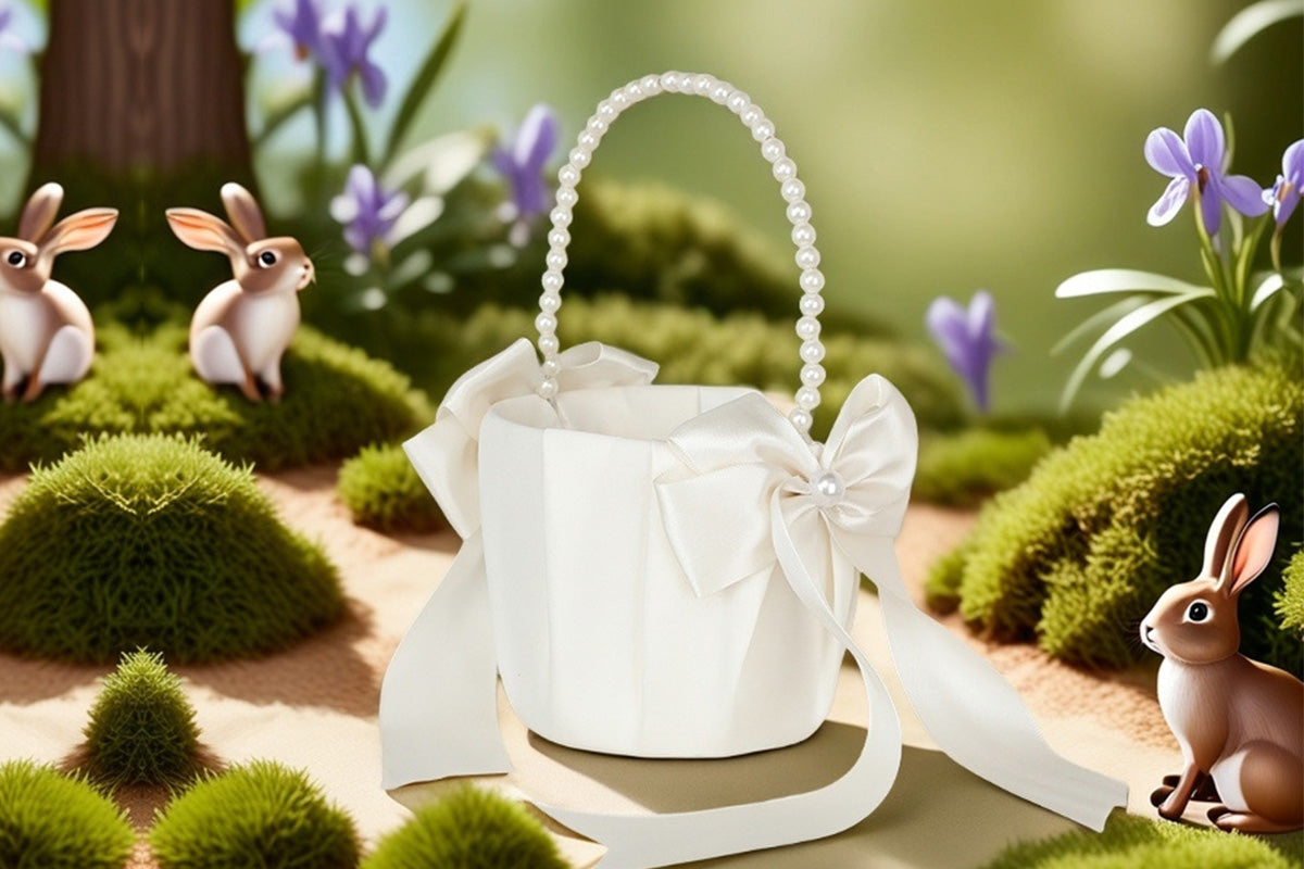 Wedding Flower Girl Basket with Pearl Handle Bowknot Satin Ribbon