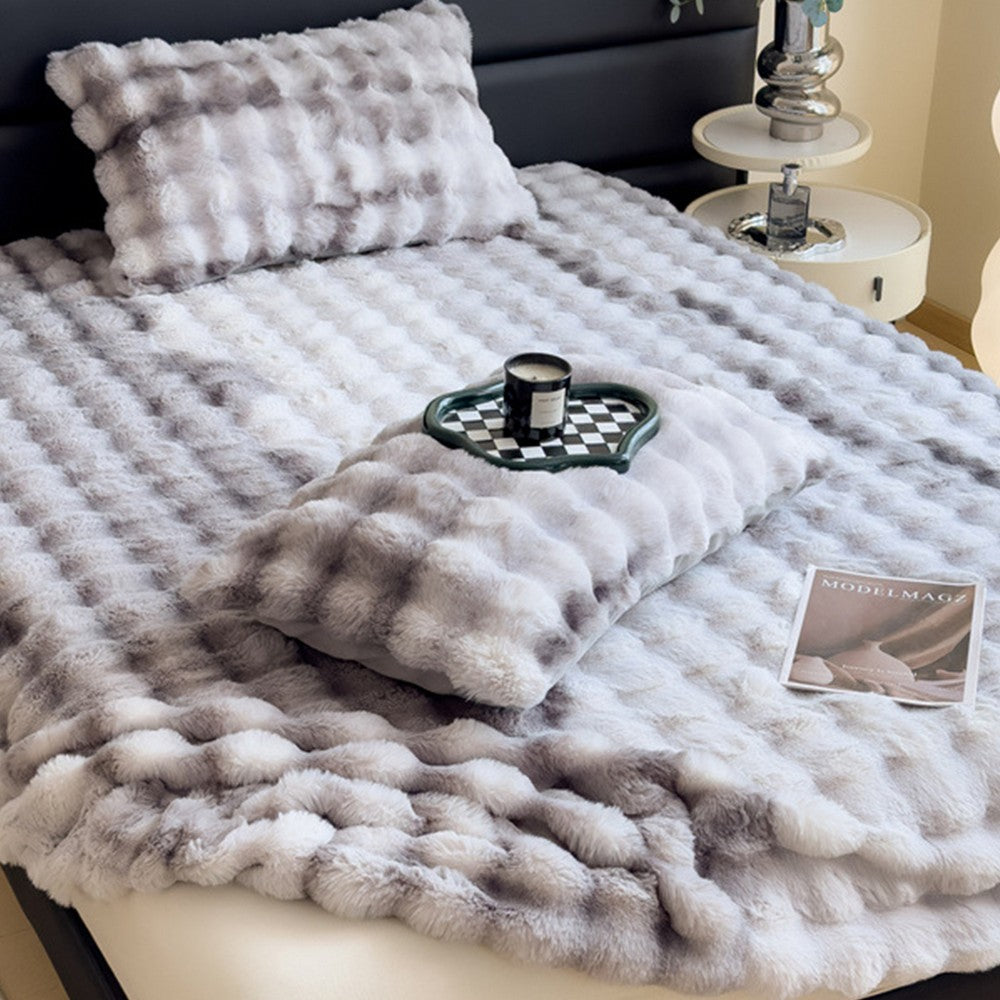 Faux Fur Fitted Sheet with Pillowcases-Grey