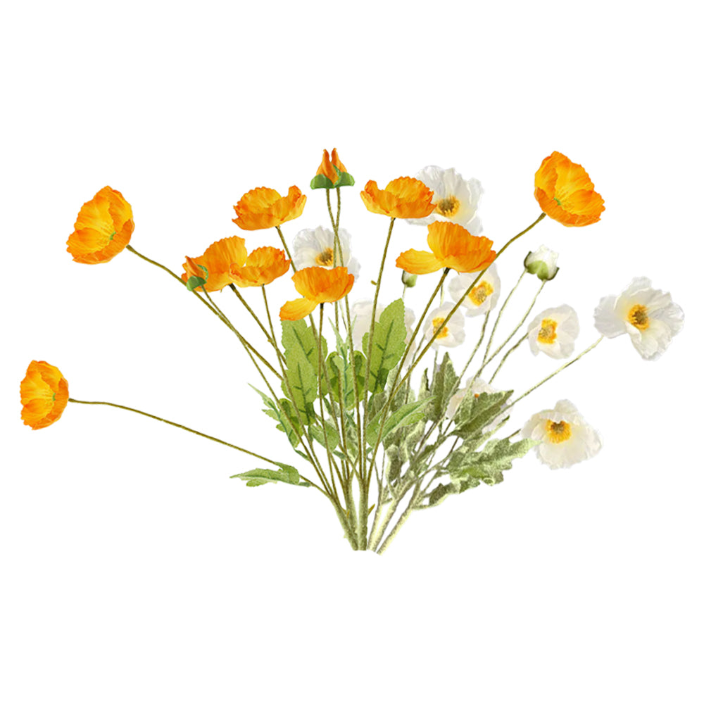 6Pcs 4 Head Artificial Poppy Flowers Papaver Rhoeas Flocking Stem Bouquet-White, Orange