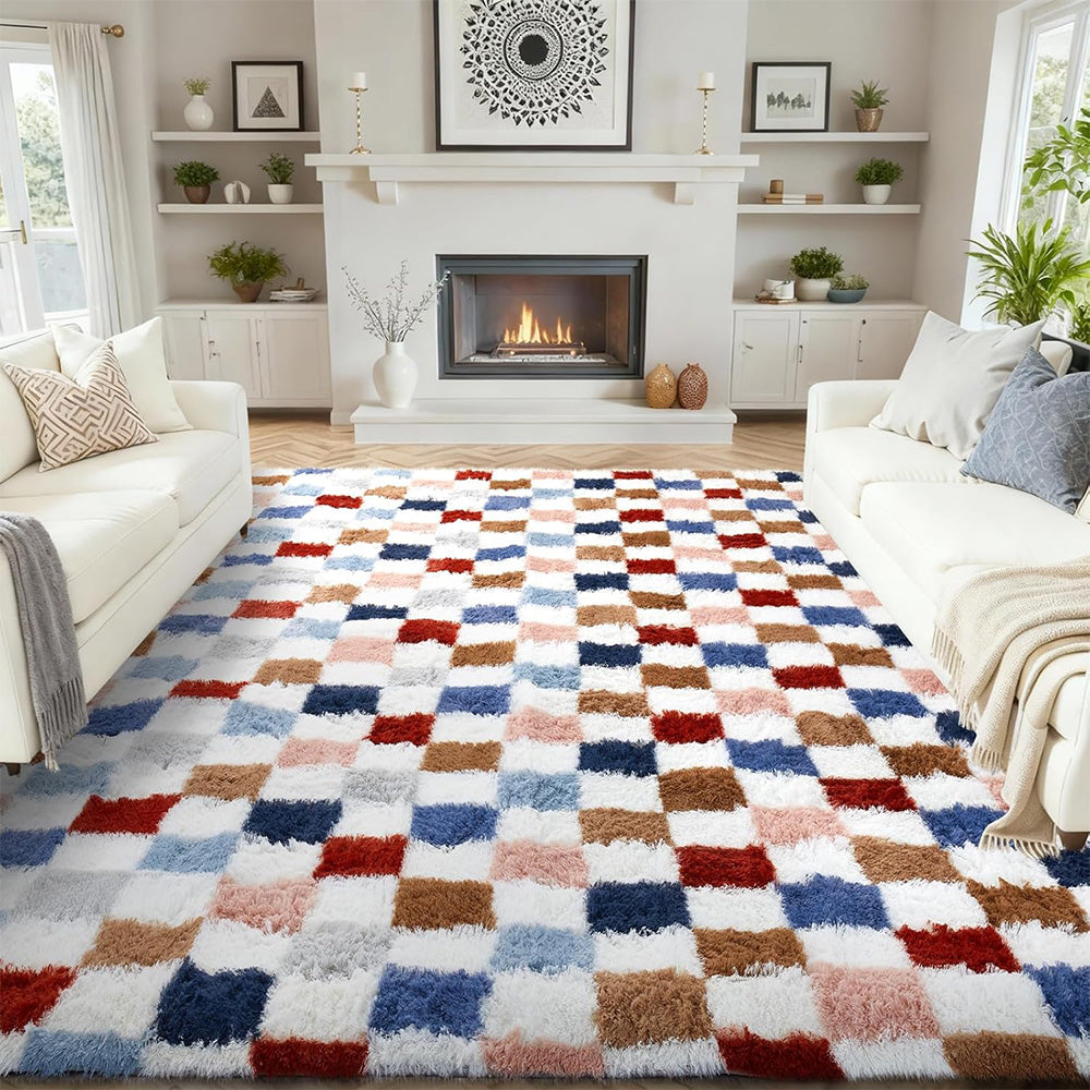 Soft Plush Shaggy Rug Checkered Thickened Non Slip Carpet for Living Room Bedroom