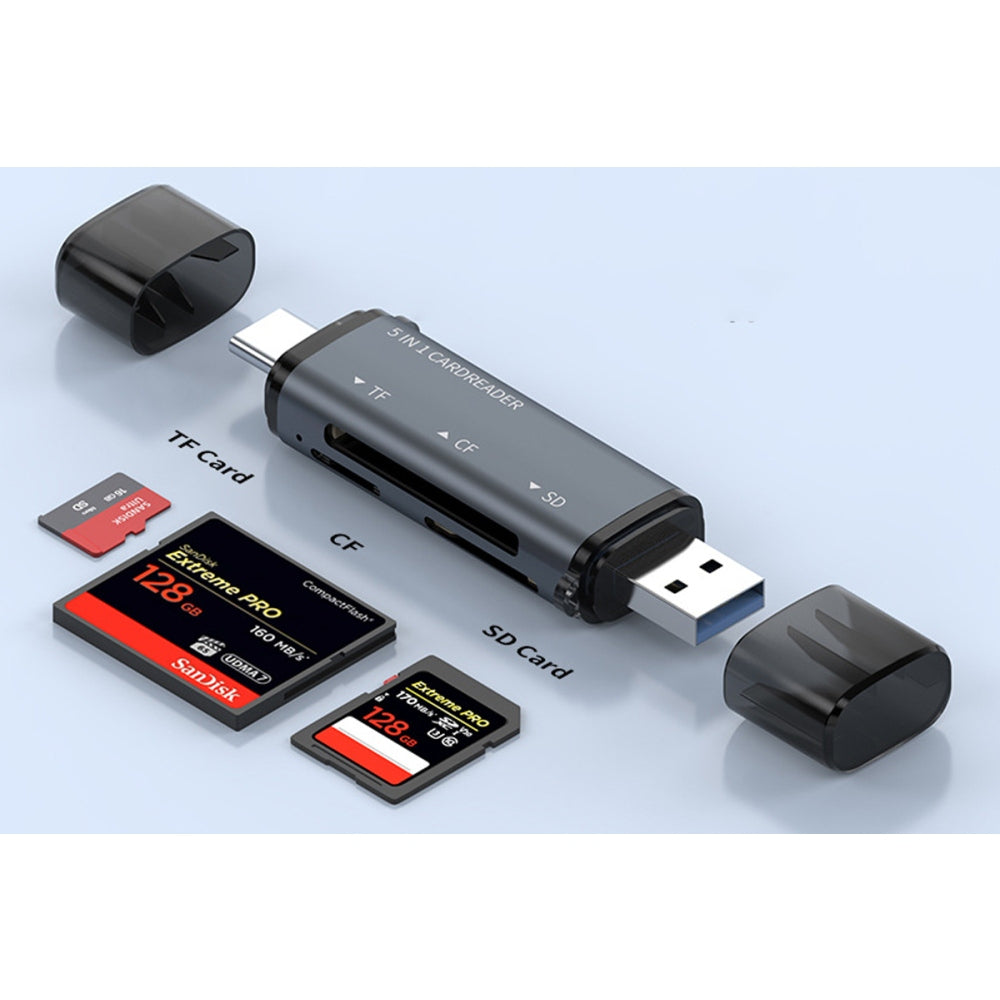 USB C SD Card Reader 5- in-1 Memory Card Reader for CF SD TF