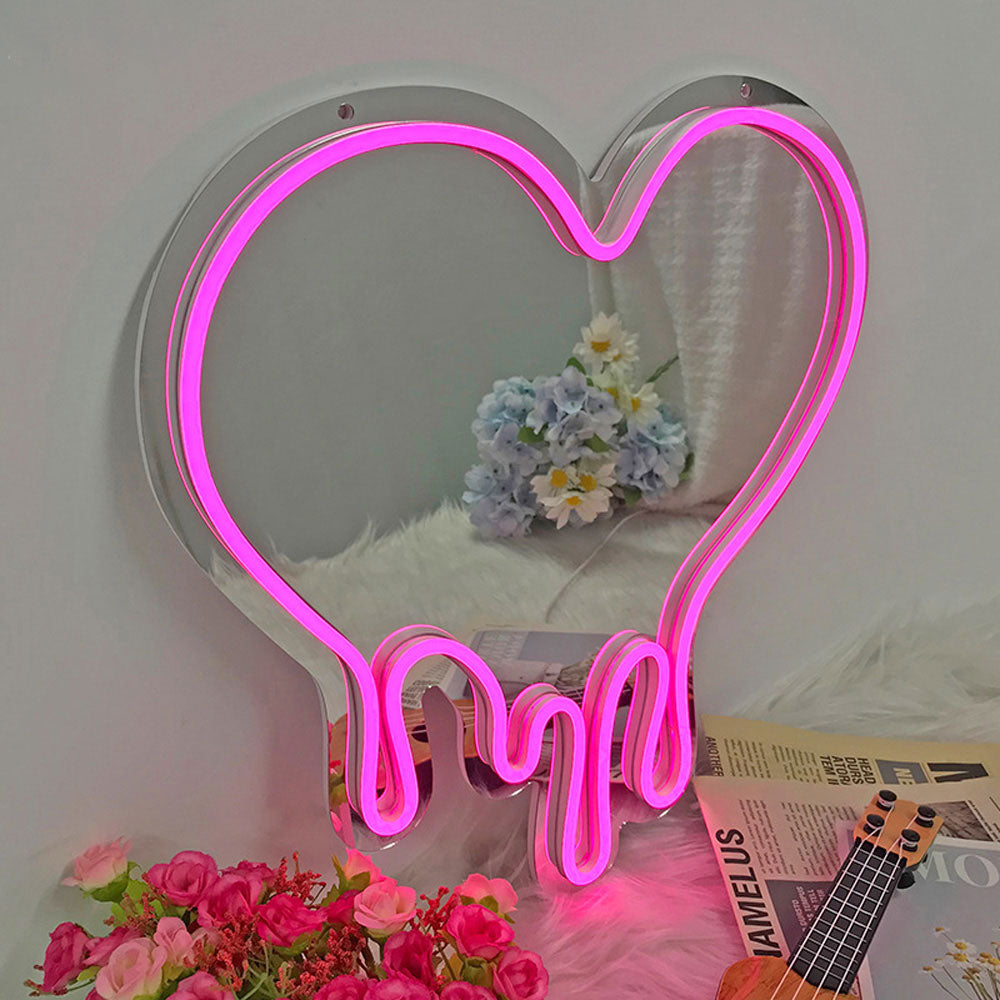 LED Heart Neon Mirror Dimmable Wedding Party Art Decor Night Light Mirror