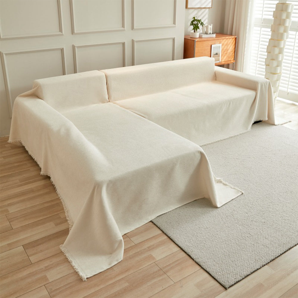 Chenille Sofa Slipcover Washable Couch Cover Sofa Dogs Furniture Protector with Tassels-Beige