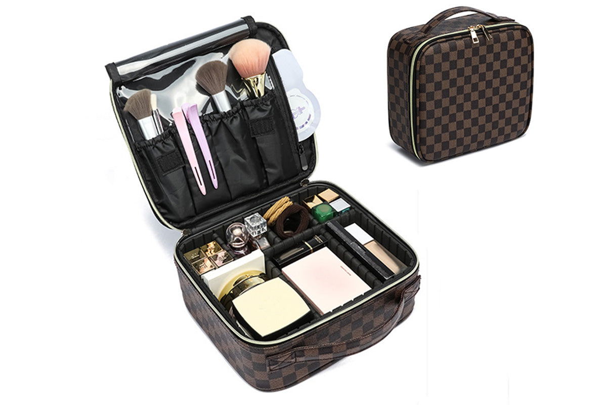 Checkered Makeup Bag Travel Cosmetic Bags Adjustable Partition Toiletry Organizer