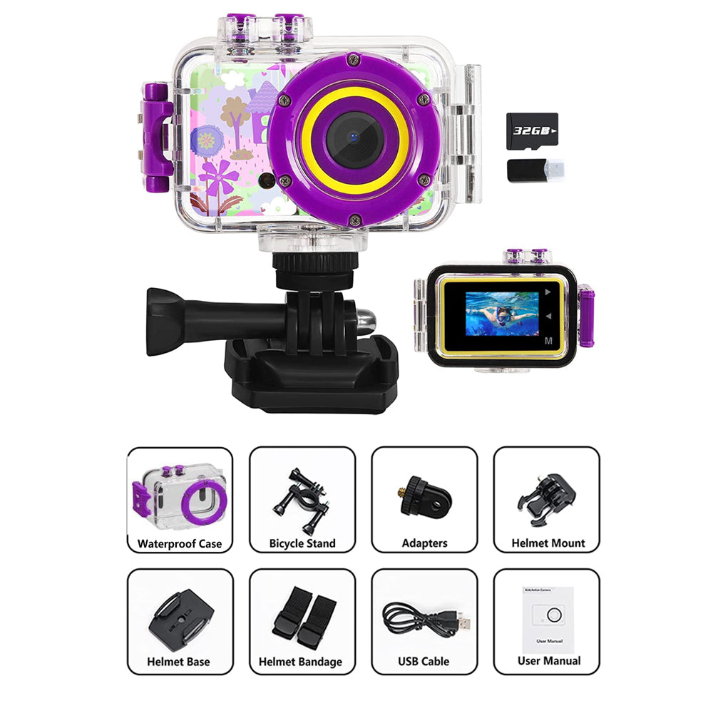 Kids Waterproof Camera Toys Outdoor Sports Camera with 32GB Memory Card