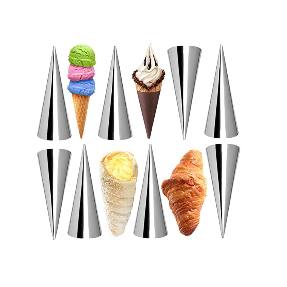 10- Pack Steel Pastry Cream Horn Moulds Large Baking Conical Tube Cones