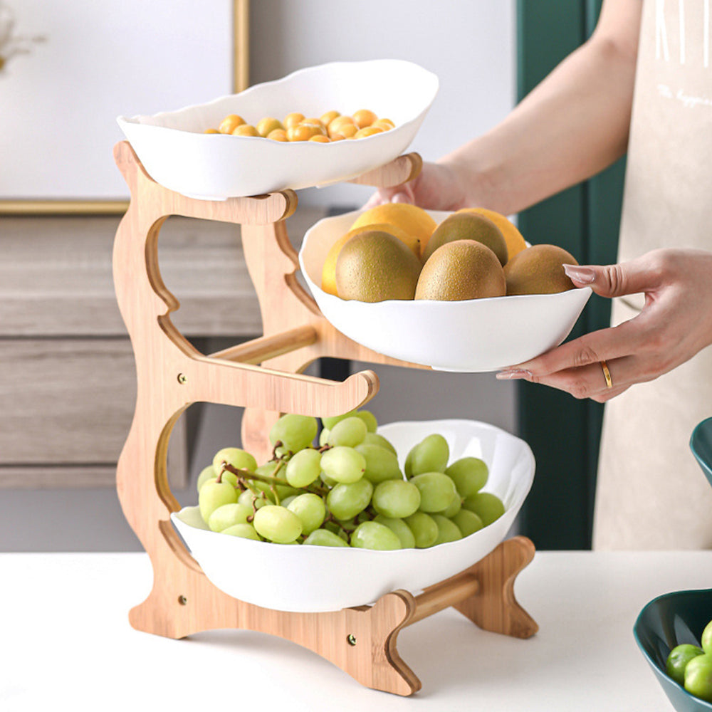 3-Tier Plastic Fruit Plate Wooden Frame