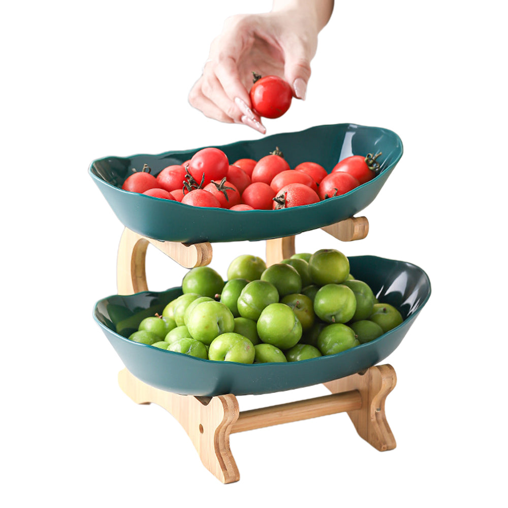 2-Tier Plastic Fruit Plate Wooden Frame