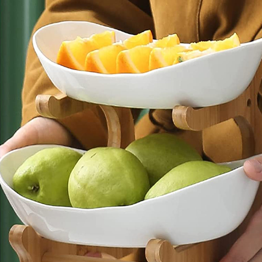 2-Tier Plastic Fruit Plate Wooden Frame