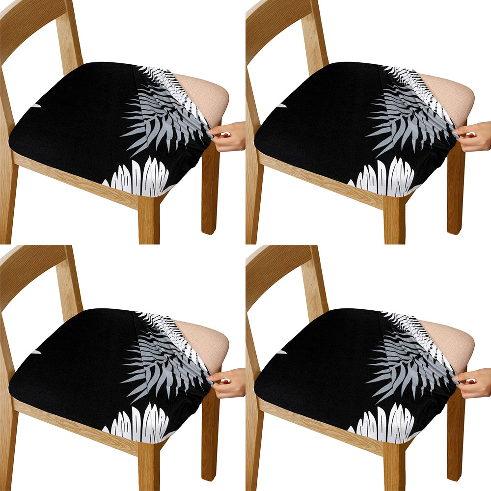 4Pcs Stretch Printed Chair Covers-Feather Leaf Black